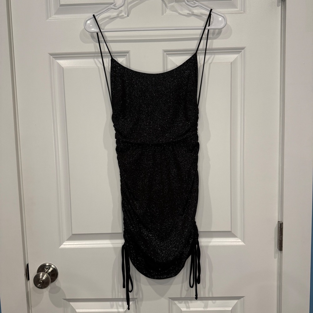 Windsor Black Glitter Ruched Bodycon Mini Dress Open Back Cowl Neck Size Small‎